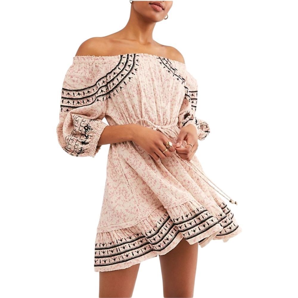 Free People Pink Floral Off-Shoulder Embroidered Mini Dress